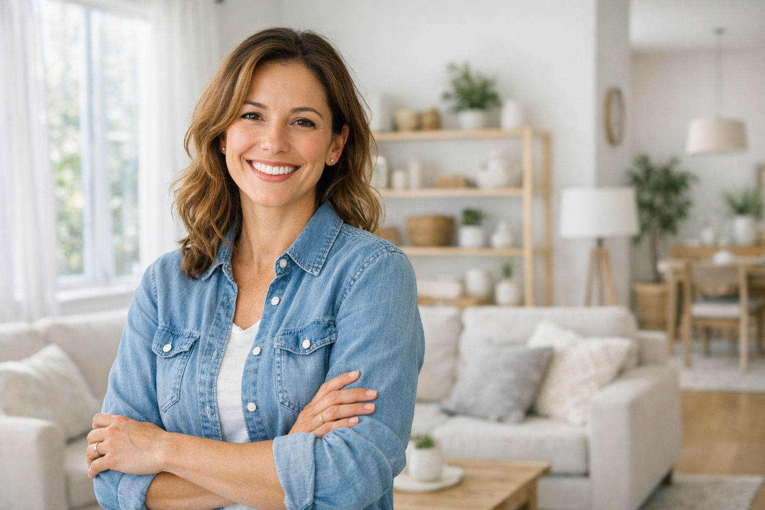 Happy homeowner smiling in a clean, bright living room