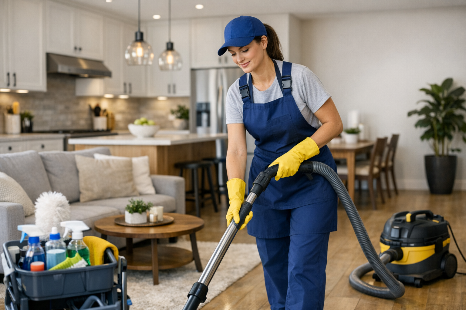 Professional cleaner in uniform working in a spotless modern home